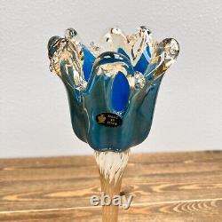 Turquoise Crystal Murano Glass Table Tall Candle Holder Italy Blue Gold