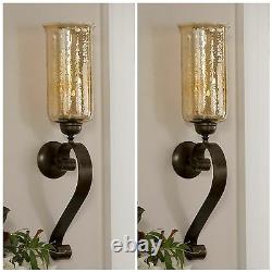 Two 30 Aged Bronze Hand Forged Metal Glass Wall Sconce Fixture Candle Holders