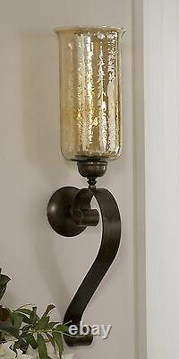 Two 30 Aged Bronze Hand Forged Metal Glass Wall Sconce Fixture Candle Holders