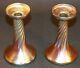 Two Early 1900's Signed Lct Tiffany Studios Favrile Candlestick Withpaper Label