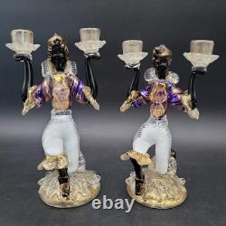 Two MCM Large Glass Murano Blackamoor Figural Colorful Gold Candlestick Holders