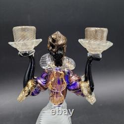 Two MCM Large Glass Murano Blackamoor Figural Colorful Gold Candlestick Holders