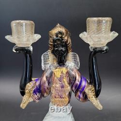 Two MCM Large Glass Murano Blackamoor Figural Colorful Gold Candlestick Holders