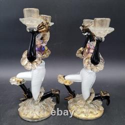 Two MCM Large Glass Murano Blackamoor Figural Colorful Gold Candlestick Holders