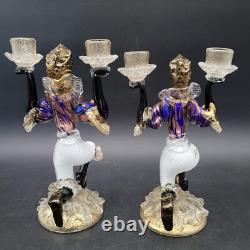 Two MCM Large Glass Murano Blackamoor Figural Colorful Gold Candlestick Holders