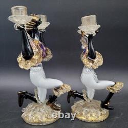 Two MCM Large Glass Murano Blackamoor Figural Colorful Gold Candlestick Holders