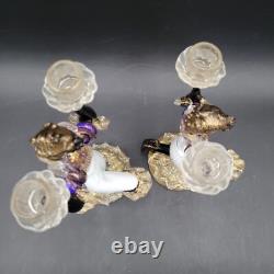 Two MCM Large Glass Murano Blackamoor Figural Colorful Gold Candlestick Holders