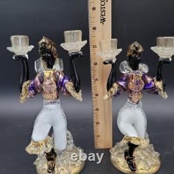 Two MCM Large Glass Murano Blackamoor Figural Colorful Gold Candlestick Holders