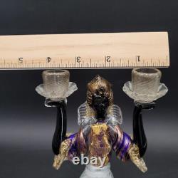 Two MCM Large Glass Murano Blackamoor Figural Colorful Gold Candlestick Holders