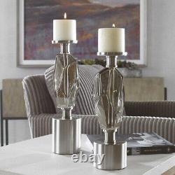 Two Modern Geometric Glass Brushed Nickel Candle Holders Uttermost 17994