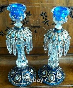 Two Rare Antique Baccarat Crystal Enamel Candlestick Lusters With Crystals