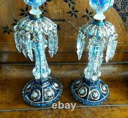 Two Rare Antique Baccarat Crystal Enamel Candlestick Lusters With Crystals