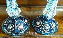 Two Rare Antique Baccarat Crystal Enamel Candlestick Lusters With Crystals