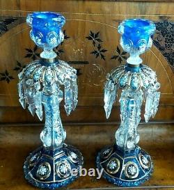 Two Rare Antique Baccarat Crystal Enamel Candlestick Lusters With Crystals