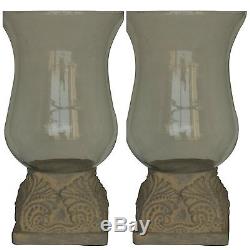 Two Rich Rustic Aged Ceramic Base Glass Hurricane Globe Style Candle Holder
