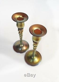 Two Steuben Gold Aurene Glass Candlesticks Plus 2 New Books on Steuben Glass