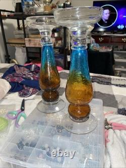 Two Twelve Inch Aqua And Amber Crackled Glass Candle Holders