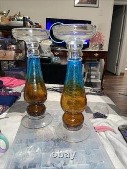 Two Twelve Inch Aqua And Amber Crackled Glass Candle Holders