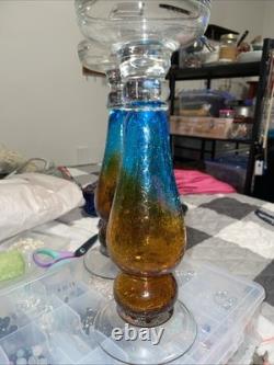 Two Twelve Inch Aqua And Amber Crackled Glass Candle Holders