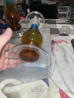 Two Twelve Inch Aqua And Amber Crackled Glass Candle Holders