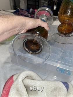 Two Twelve Inch Aqua And Amber Crackled Glass Candle Holders