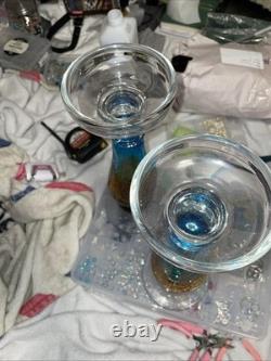 Two Twelve Inch Aqua And Amber Crackled Glass Candle Holders