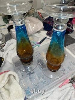 Two Twelve Inch Aqua And Amber Crackled Glass Candle Holders