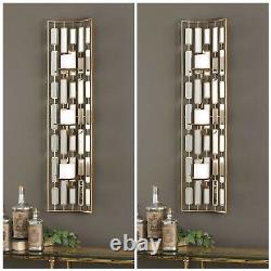Two XXL 38 Modern Gold Metal Accented Mirrors Wall Sconce Candle Holders