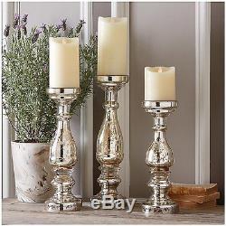 Two's Company Pentimento Silver Mercury Glass Pillar Candleholders Set of 3