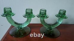 URANIUM GLASS Green Pair of Fostoria Double Stick Candle Holders Art Deco