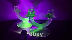 URANIUM GLASS Green Pair of Fostoria Double Stick Candle Holders Art Deco