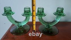 URANIUM GLASS Green Pair of Fostoria Double Stick Candle Holders Art Deco