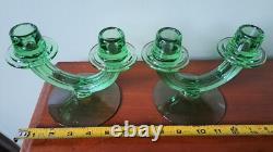 URANIUM GLASS Green Pair of Fostoria Double Stick Candle Holders Art Deco