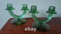 URANIUM GLASS Green Pair of Fostoria Double Stick Candle Holders Art Deco