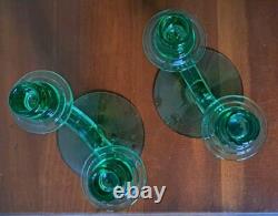 URANIUM GLASS Green Pair of Fostoria Double Stick Candle Holders Art Deco