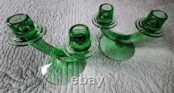 URANIUM GLASS Green Pair of Fostoria Double Stick Candle Holders Art Deco