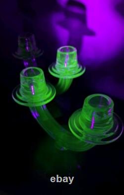 URANIUM GLASS Green Pair of Fostoria Double Stick Candle Holders Art Deco