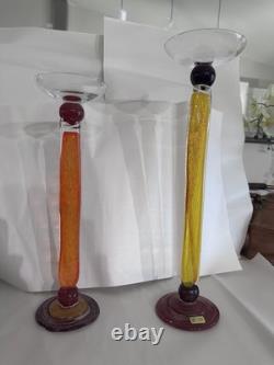 Unique Fusion Z (Set Of 2) Large Glass Candlestick Holders (Signed)