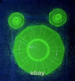 Uranium Glass MCM Bowl & Candle Holders (2) Umbrella/Waterfall Shape