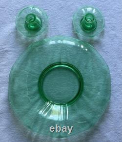 Uranium Glass MCM Bowl & Candle Holders (2) Umbrella/Waterfall Shape