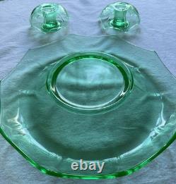 Uranium Glass MCM Bowl & Candle Holders (2) Umbrella/Waterfall Shape