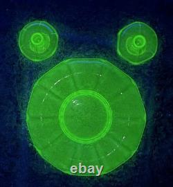 Uranium Glass MCM Bowl & Candle Holders (2) Umbrella/Waterfall Shape