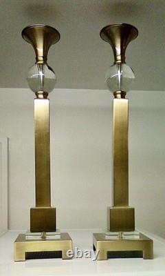 Uttermost 22 Tall Candle Holders Pair Modern Brass-Tone with Glass Orb & Block