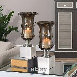 Uttermost Brushed Nickel Araby Smoked Glass Candle Holders Home Decor Set of 2