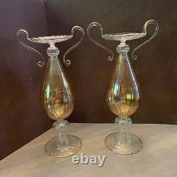 VENETIAN GLASS Candle Holder yellow tint BEAUTIFUL Bombay Set Of 2