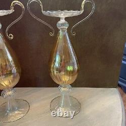 VENETIAN GLASS Candle Holder yellow tint BEAUTIFUL Bombay Set Of 2