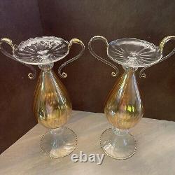 VENETIAN GLASS Candle Holder yellow tint BEAUTIFUL Bombay Set Of 2