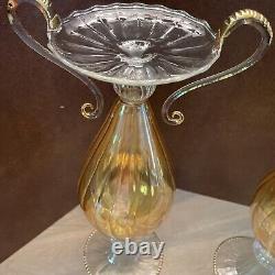 VENETIAN GLASS Candle Holder yellow tint BEAUTIFUL Bombay Set Of 2