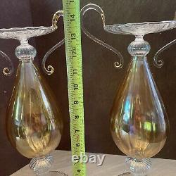 VENETIAN GLASS Candle Holder yellow tint BEAUTIFUL Bombay Set Of 2