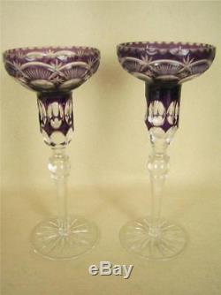 VINTAGE BOHEMIAN Pair of Cut to Clear Amethyst Purple Crystal Candle Holders